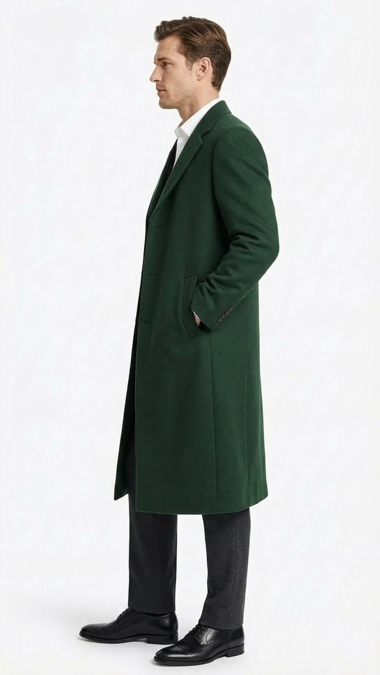Men’s Hunter Green Full-Length Wool Overcoat – Classic Winter Dress Coat for Formal and Casual Wear Topcoat Mens Wintercoat - Coat Size 38
