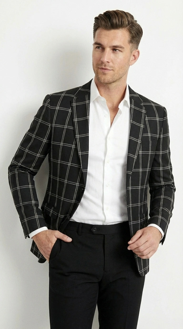 Men’s Black Windowpane Check Blazer – Black Plaid Formal Blazer Jacket for Business, Wedding and Smart Casual Style - 36 Short