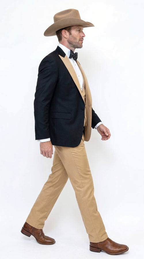 Men's Western Khaki Cowboy Tuxedo Suit – Black & Tan Beige  Peak Lapel 3-Piece Vested Formal Cowboy Suit
