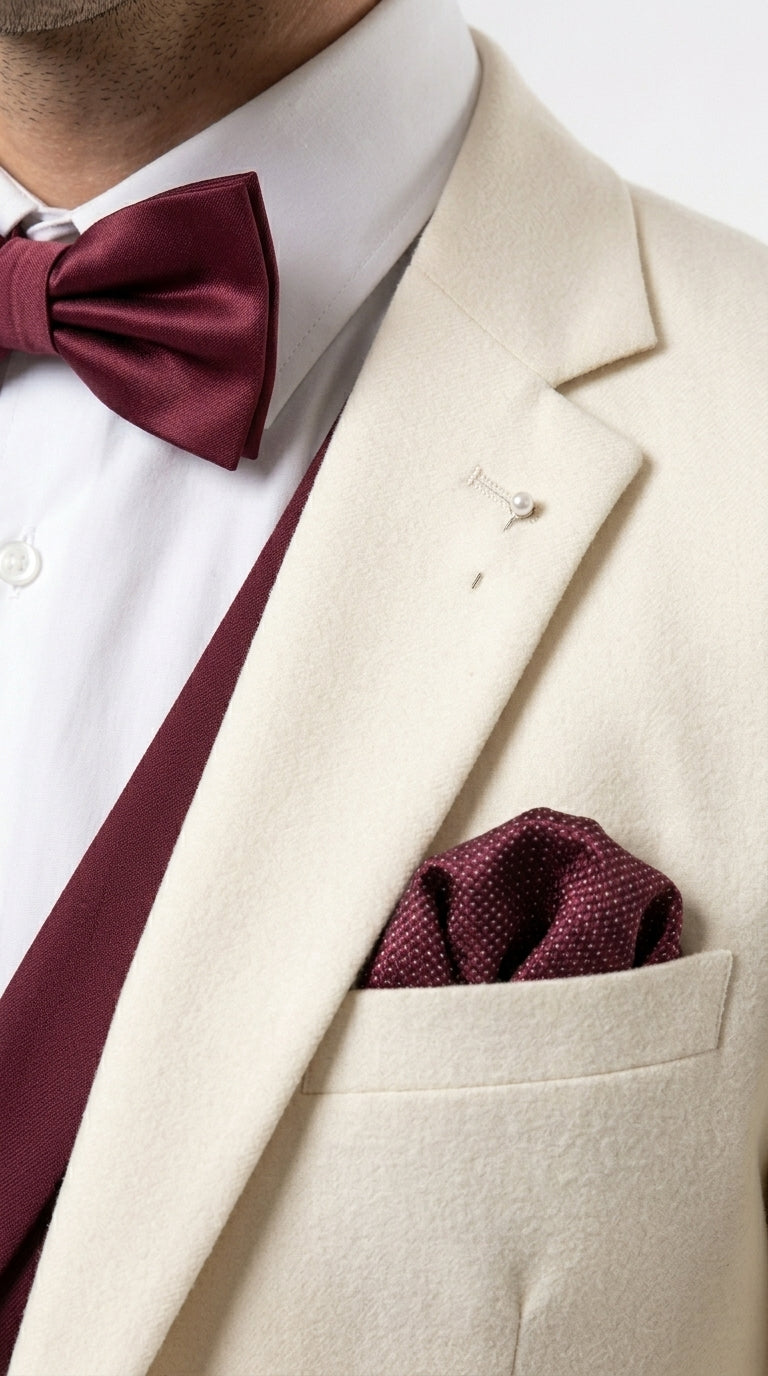 Men’s Cream Ivory and Burgundy 3 Piece Tuxedo Suit, Vested Formal Wedding Prom Dinner Suit in Cream Off White Color