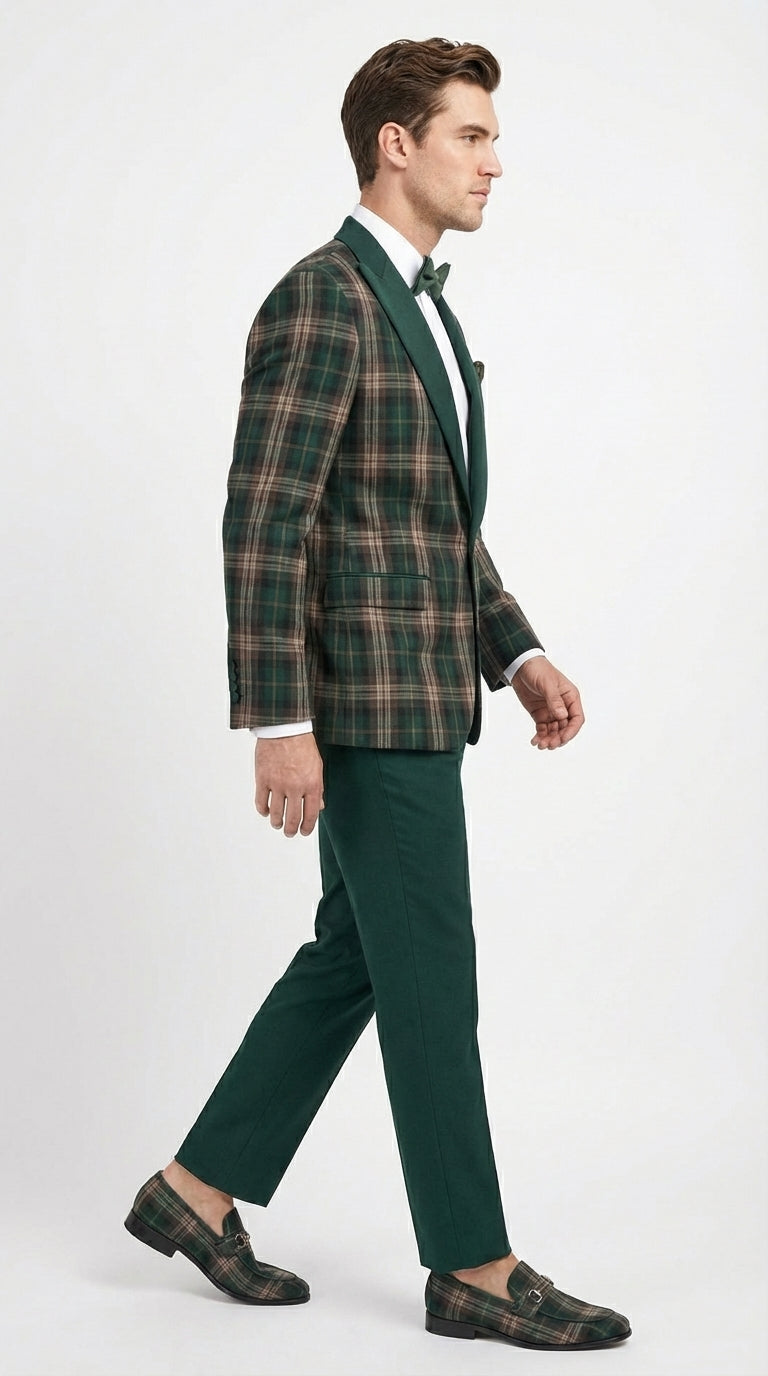 Mens Tartan Green and Brown Blue Plaid Tuxedo Dinner Jacket Set – Checkered Prom Blazer with Dark Green Pants Formal Wedding Party Wear - 36 Short
