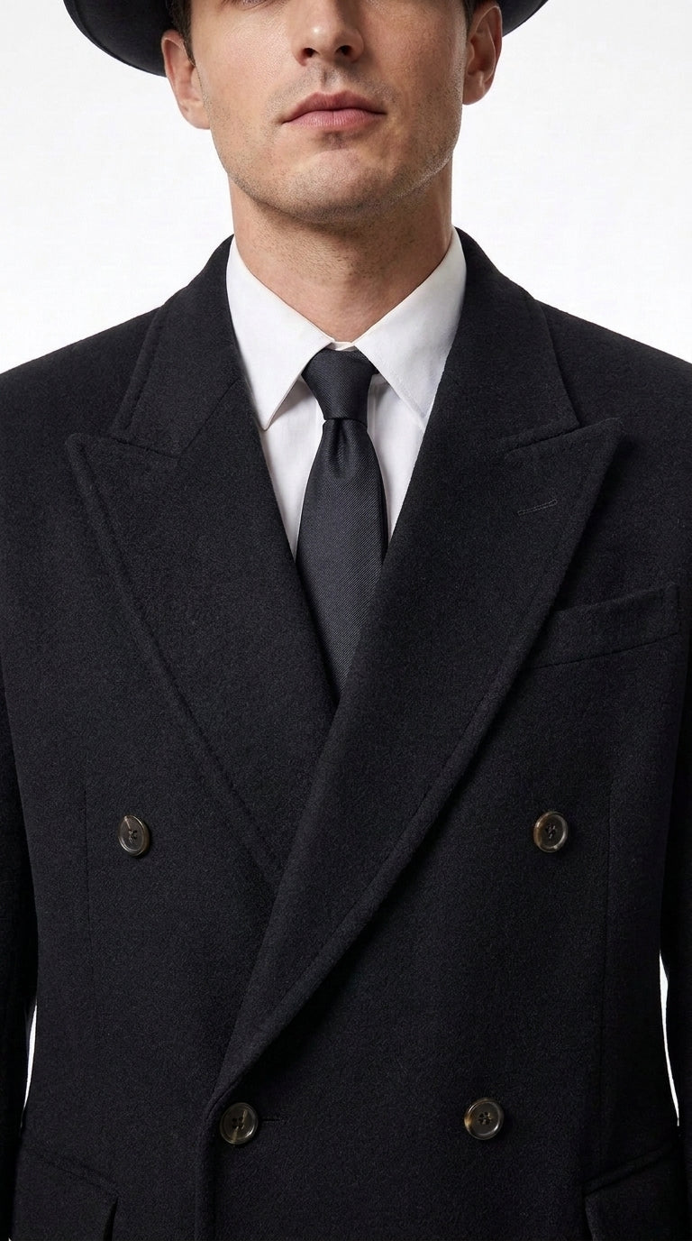 Men’s Godfather Black Double-Breasted Long Overcoat – Vintage Mobster Gangster Coat