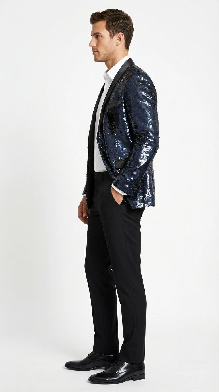 Men’s Navy Sequin Blazer – Navy Blue Sparkle Sequin Formal Blazer with Satin Lapel for Prom, Party and Evening Events - 36 Short