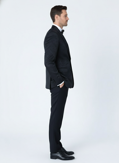 Mens Black Textured Paisley floral Tuxedo Suit Premium Slim Fit Formal Wedding, Prom, with Bowtie