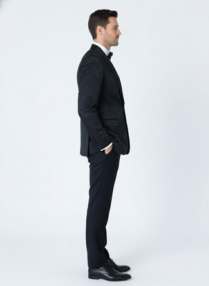 Mens Black Textured Paisley floral Tuxedo Suit Premium Slim Fit Formal Wedding, Prom, with Bowtie