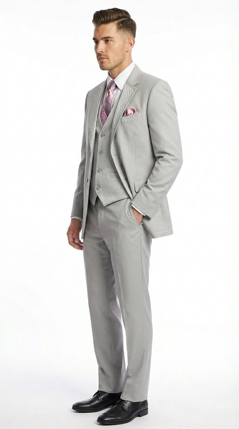 Men’s Light Gray 3 Piece Suit – Ice Silver Gray Formal Suit Set with Vest, Patterned Lapel and Tie for Wedding, Prom and Business Events - 34 Short or Extra Small