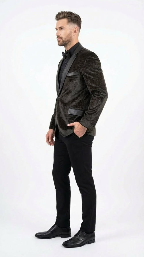 Mens Crocodile Alligator Exotic skin Texture Blazer Slim Fit Designer Jacket with Satin Lapels for Formal and Party Wear in Black Color