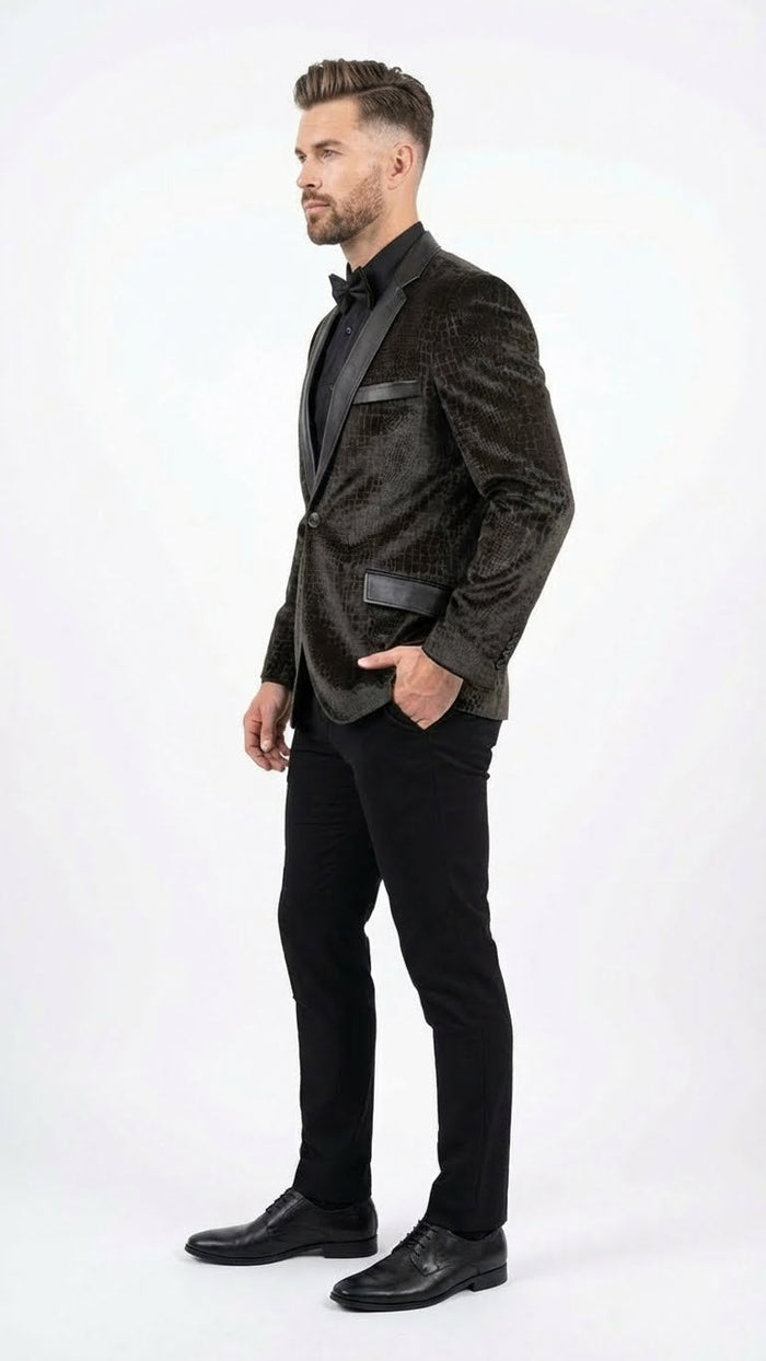 Mens Crocodile Alligator Exotic skin Texture Blazer Slim Fit Designer Jacket with Satin Lapels for Formal and Party Wear in Black Color