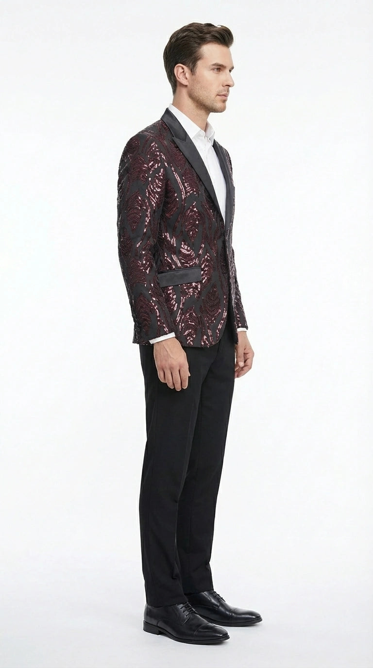 Men’s Black and Burgundy Sequin Blazer – Black Sparkle Sequin Party Blazer with Burgundy Pattern for Prom, Wedding Slim Fitted - 36 Short