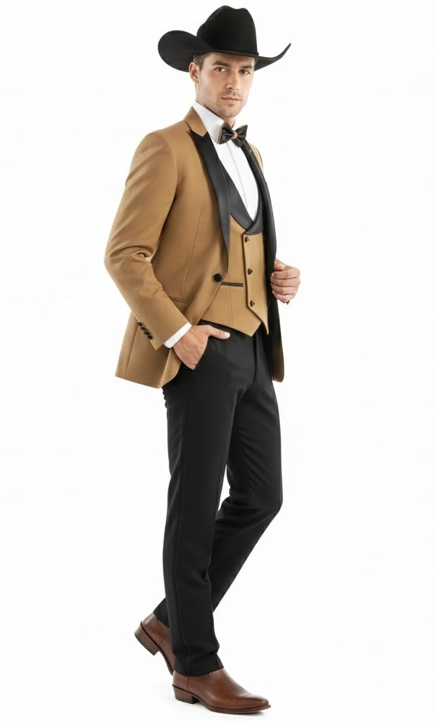 Mens Western Cowboy Tuxedo Tan and Black 3-Piece Suit with Satin Lapel and Vest in Mocca Coffee Color