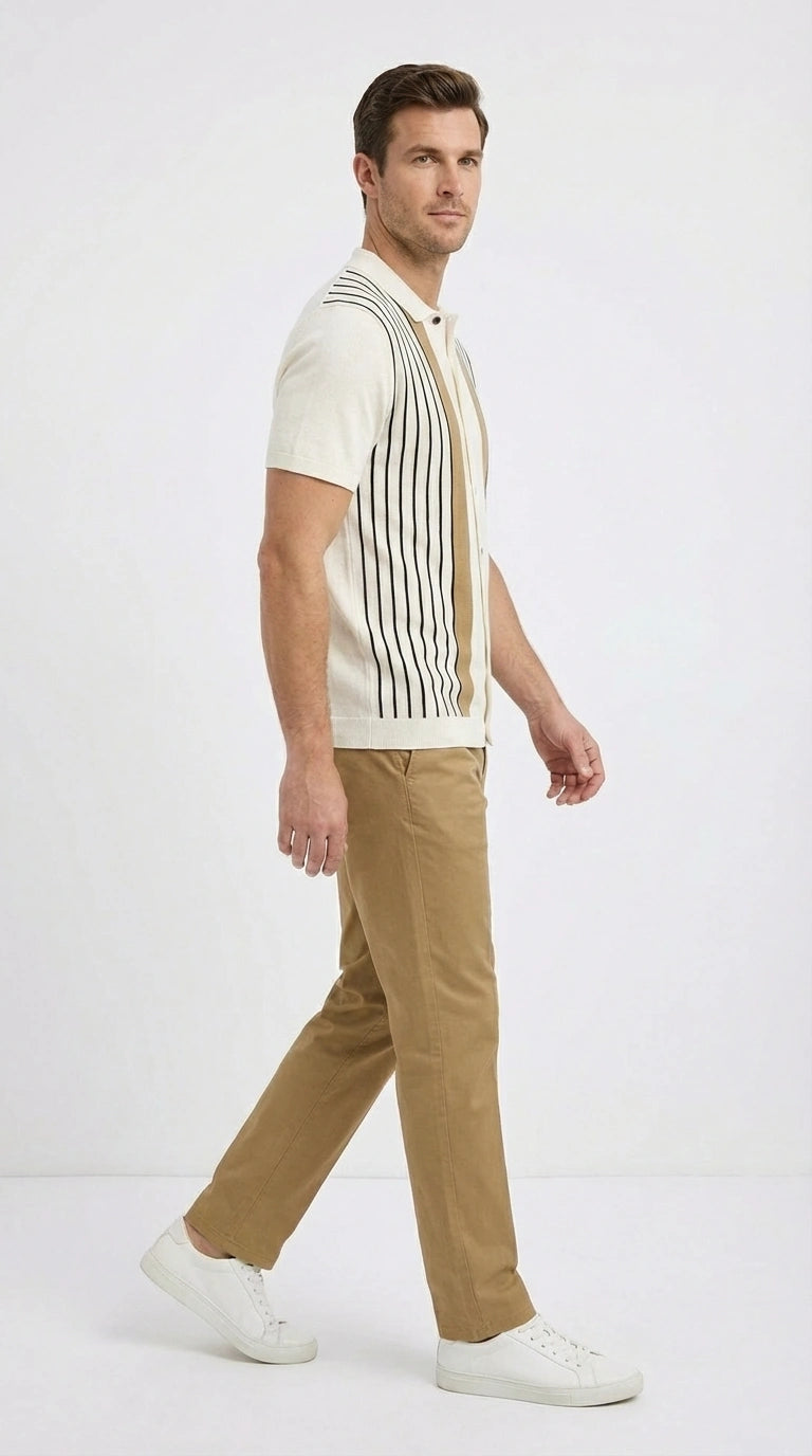 Mens Cream and Tan Striped Walking Suit Set – Casual Summer Short Sleeve Shirt and Pants Outfit for Vacation, Travel and Everyday Wear - S