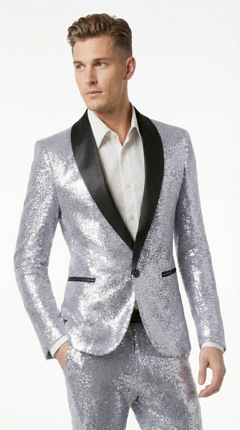 Mens Silver Grey Sequin Tuxedo Suit – Shiny Wedding Suit Set with Black Lapel for Prom, Party, Gala and Formal Evening Wear - 34 Short or Extra Small