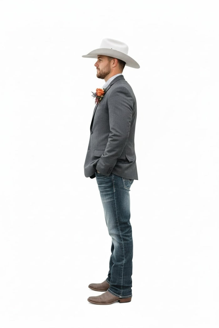 Mens Western Style Blazer Classic Gray Cowboy Suit Jacket for Weddings, Country Events and Formal Wear in Grey Color