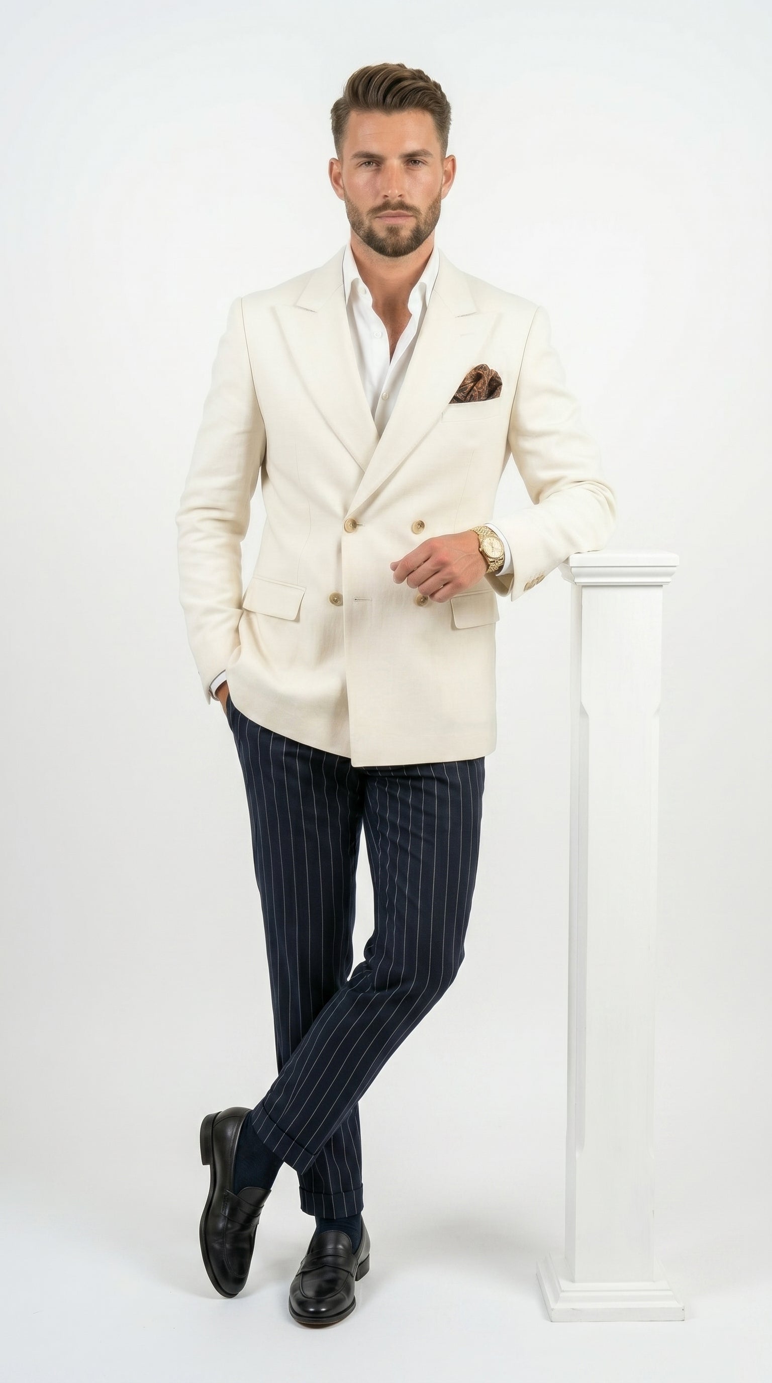 Men’s Ivory Linen Double Breasted Blazer, Lightweight Wedding Dinner Sport Coat Jacket Cream Off White - 36 Short