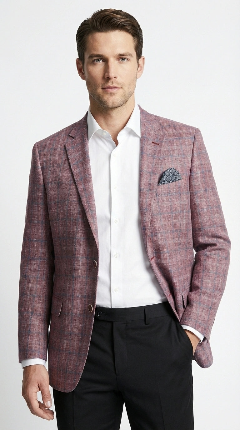 Mens Dusty Rose Mauve Pink with Tint of Blue Plaid Sport Coat Blazer – Classic Check Pattern Casual Blazer Jacket for Business Casual, Wedding - 36 Short