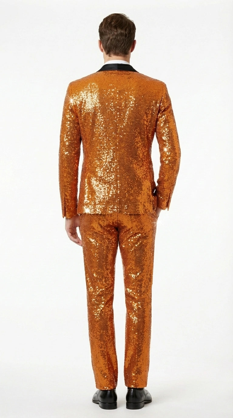 Mens Orange Sequin Tuxedo Suit – Shiny Wedding Suit Set with Black Lapel for Prom, Party, Gala and Formal Evening Wear - Goldish Orange - 34 Short or Extra Small