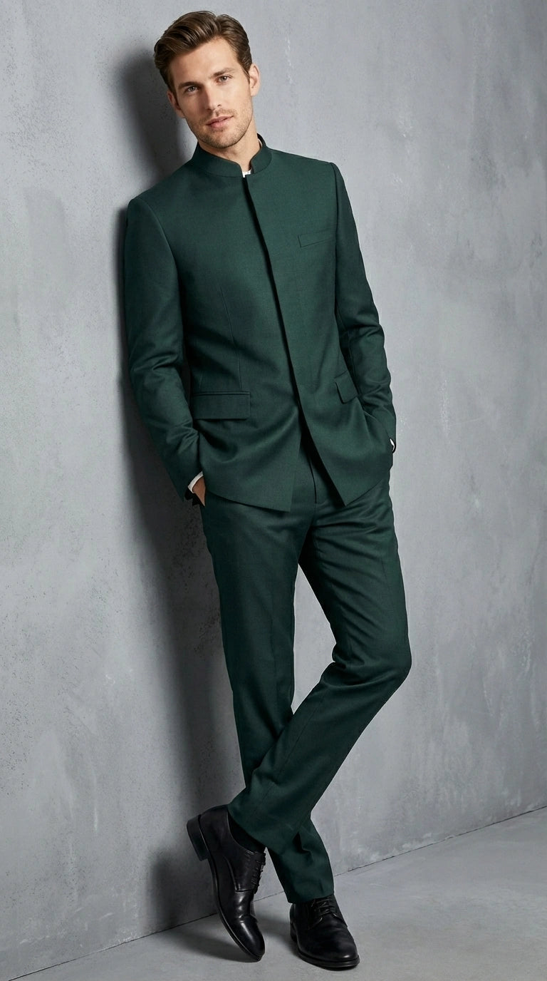 Men’s Olive Green Tuxedo Mandarin Collar Suit – Modern Nehru Style Formal Suit for Wedding Banded Collar - 34 Short or Extra Small