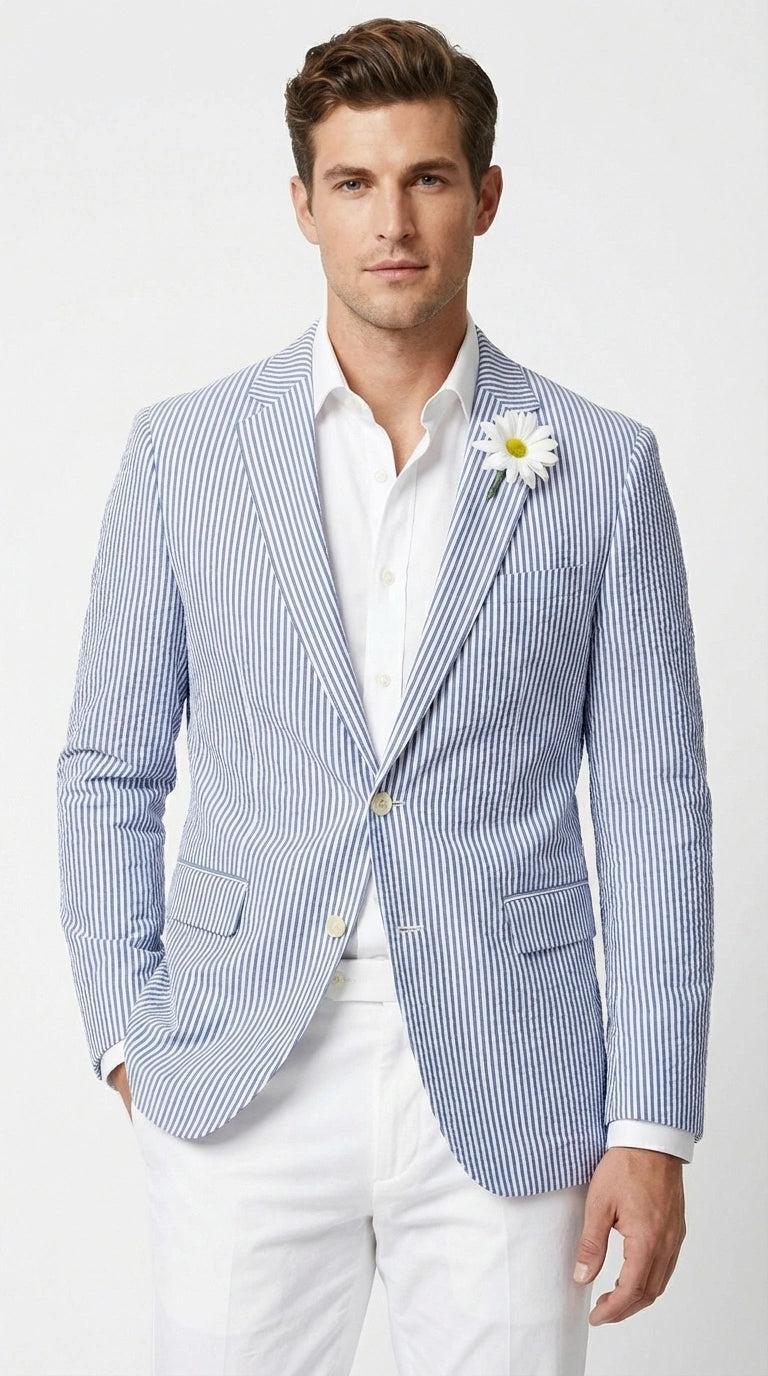 Mens Blue Seersucker Blazer – Lightweight Striped Summer Sport Coat Casual Smart Formal Jacket - 36 Short