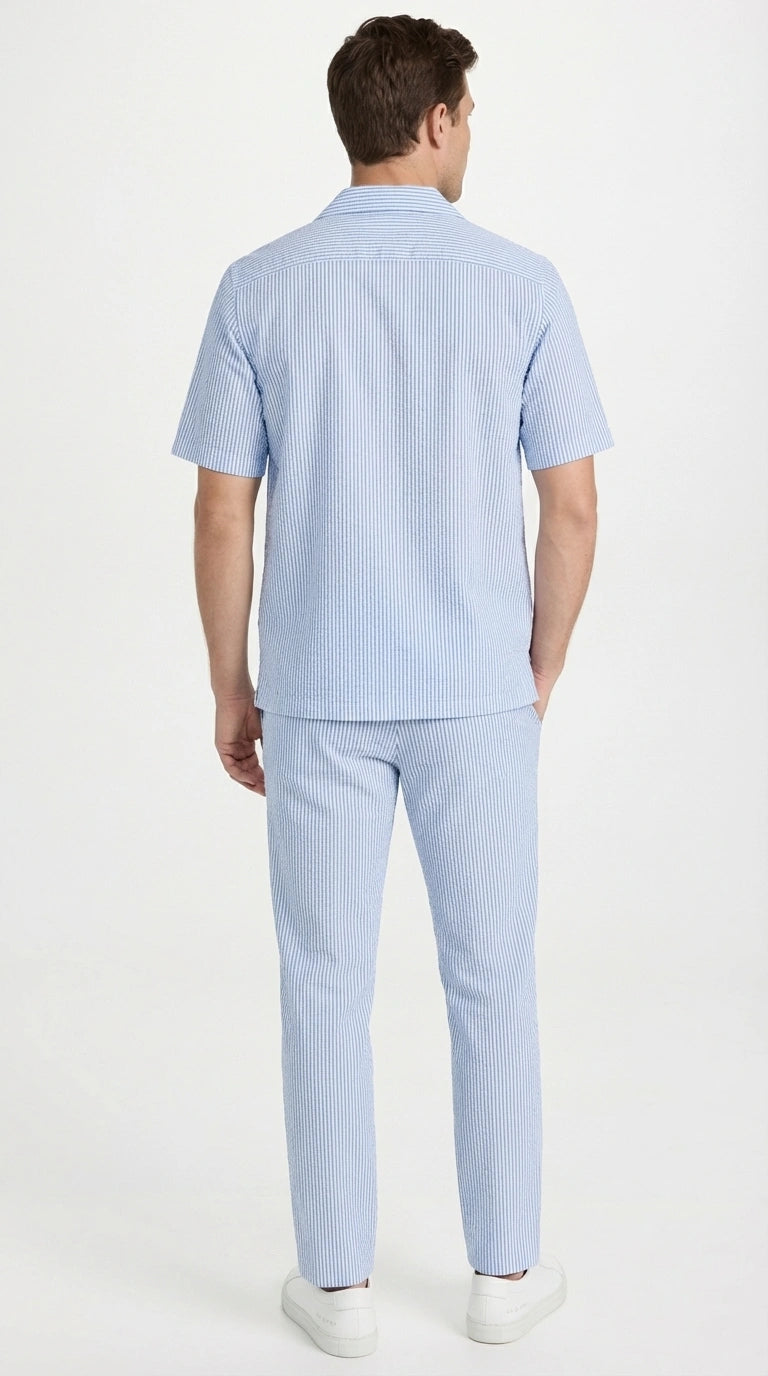 Mens Light Blue Seersucker Walking Suit Set – Casual Summer Short Sleeve Outfit with Matching Pants Lightweight Two Piece Set - S