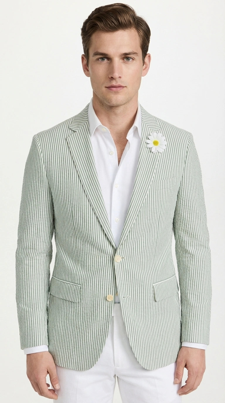 Mens Sage Green Seersucker Blazer – Lightweight Striped Summer Sport Coat Casual Smart Formal Jacket - 36 Short