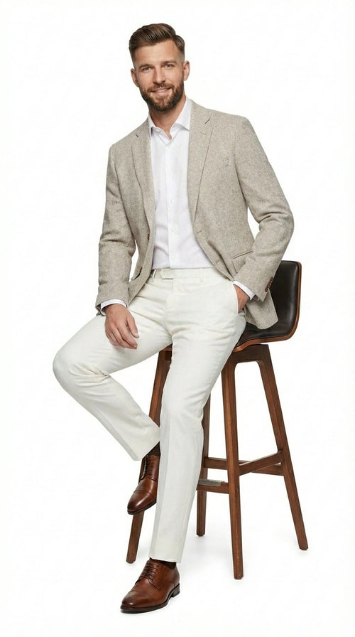 Men’s Light Tan Tweed Blazer – Classic Herringbone Sport Coat, Beige Casual Formal Jacket, Vintage Style Business & Smart Casual Wear