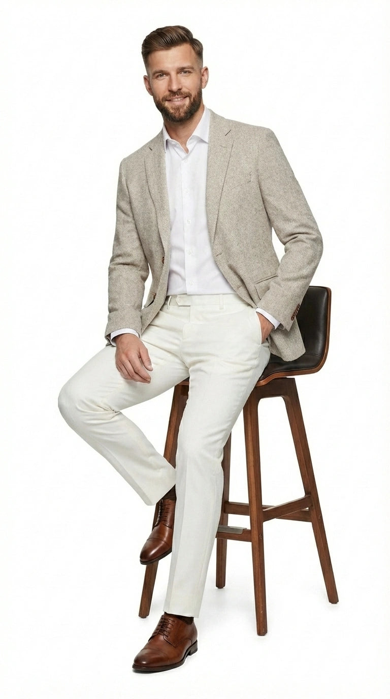 Men’s Light Tan Tweed Blazer – Classic Herringbone Sport Coat, Beige Casual Formal Jacket, Vintage Style Business & Smart Casual Wear - 36 Short