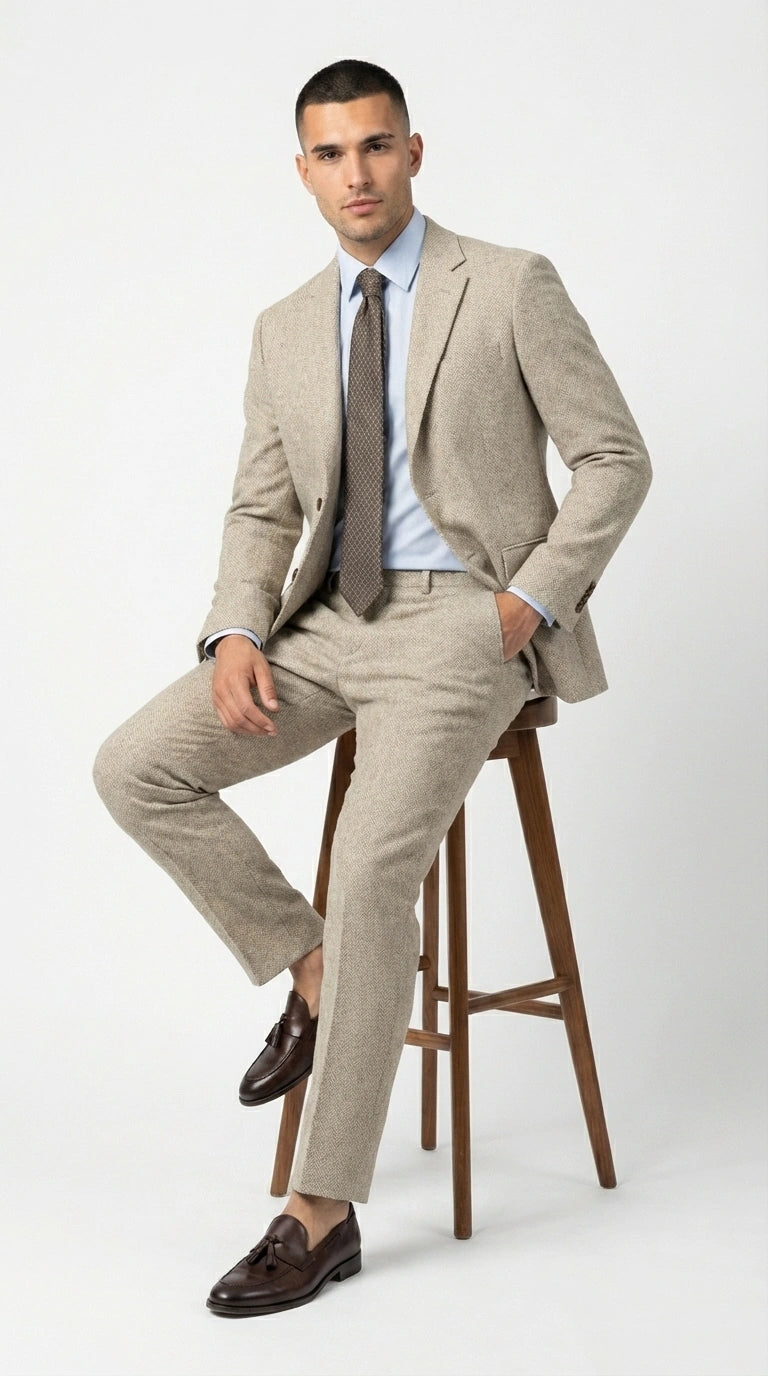 Men’s Light Tan Tweed Suit – Classic Beige Two Piece Suit, Herringbone Formal Wear, Vintage Style Business & Wedding Outfit for Men - 34 Short or Extra Small