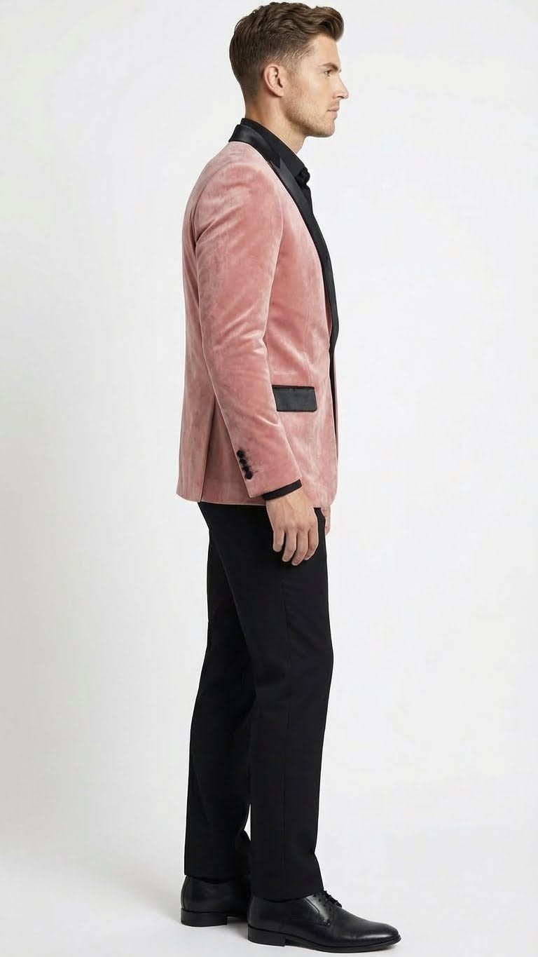 Men’s Dusty Rose Pink Velvet Blazer with Black Satin Lapel | Formal Sport Coat in Mauve Color + Bowtie - S
