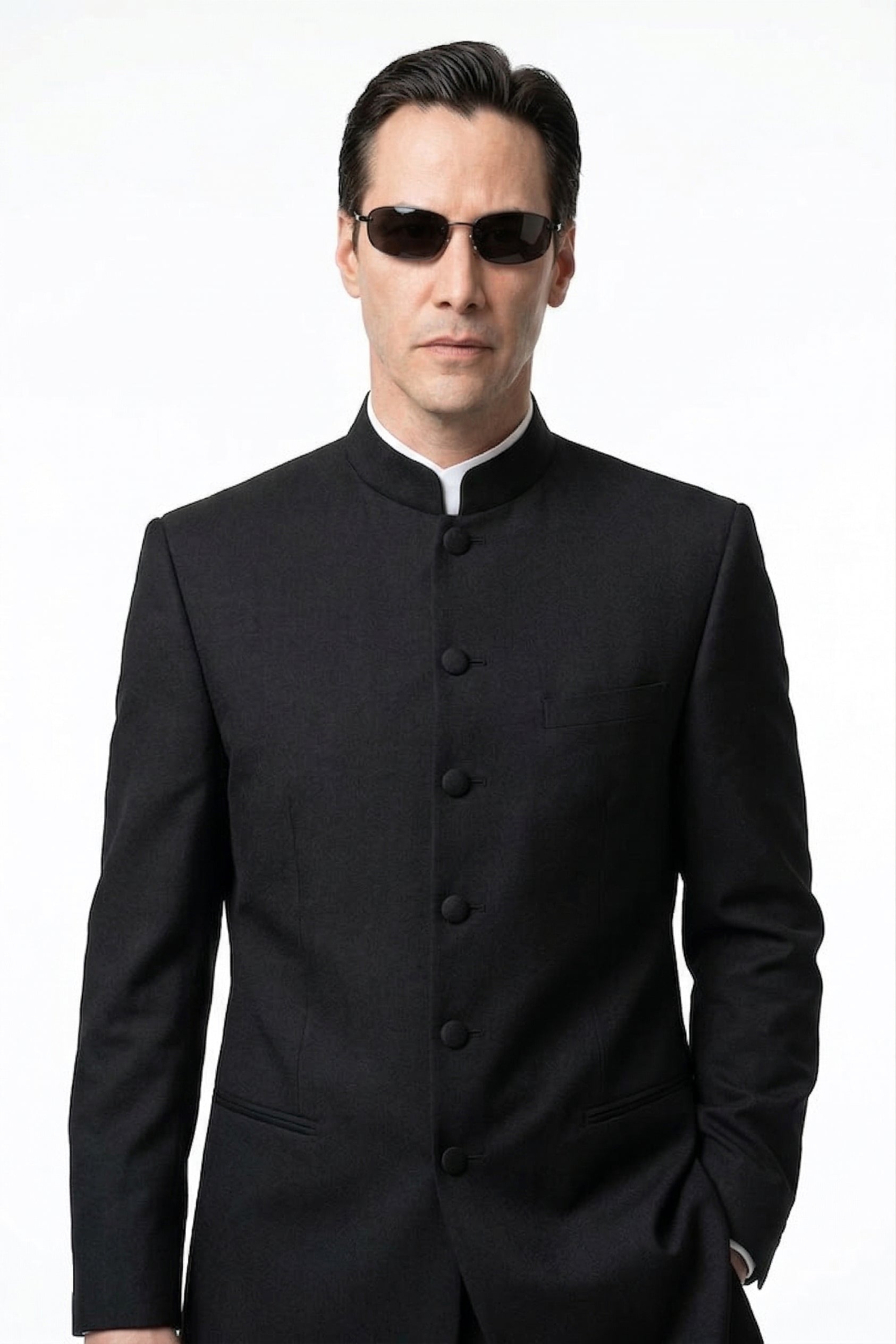 Men’s Black Coat Matrix Keanu Reeves Inspired Long Coat – Classic Mandarin Collar Formal Overcoat, Stylish Winter Trench Coat, Neo Style Jacket