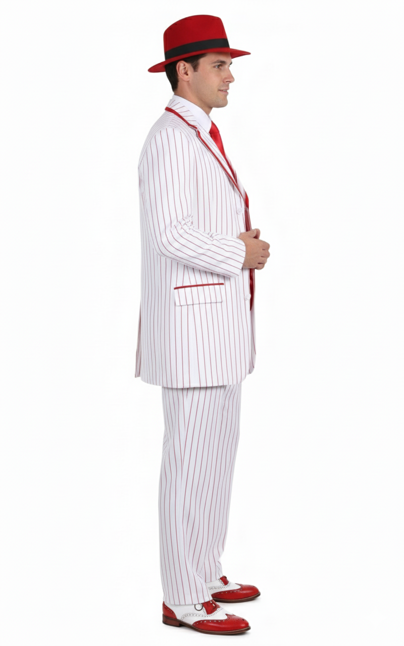 Mens 1920s White and Red Pinstripe Zoot Suit with Fedora Hat and Wingtip Shoes â€“ Vintage Gangster 3-Piece New Year Holiday Christmas Suit - 34 Short or Extra Small