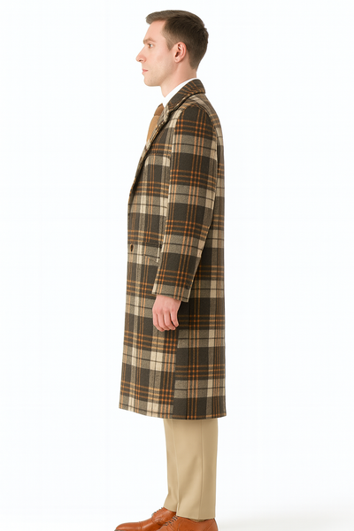 Mens Vintage Plaid Overcoat Wool Fabric Classic Retro Long Coat in Brown And Camel and Beige Color