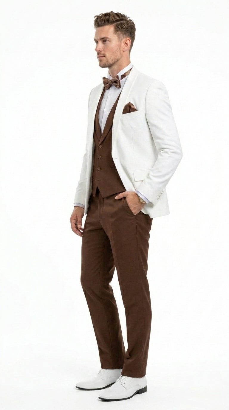 Men’s Ivory and Brown 3 Piece Suit – Elegant White Blazer with Brown Vest and Trousers for Wedding, Prom and Formal Events in off White Cream + Bowtie - 34 Short or Extra Small