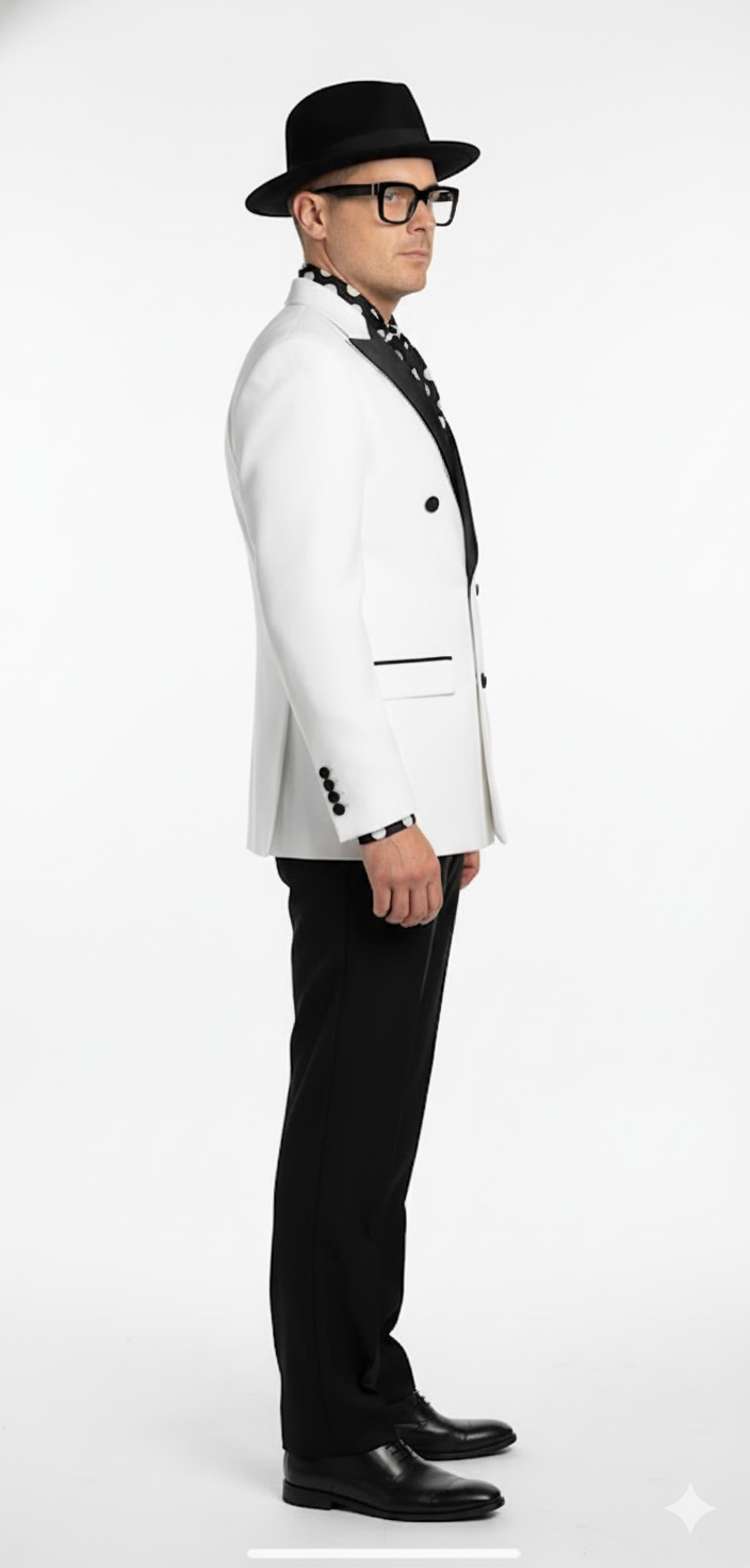 Men’s White and Black Double-Breasted Tuxedo – Modern Slim Fit Formal Suit for Weddings, Parties, and Special Occasions - 34 Short or Extra Small