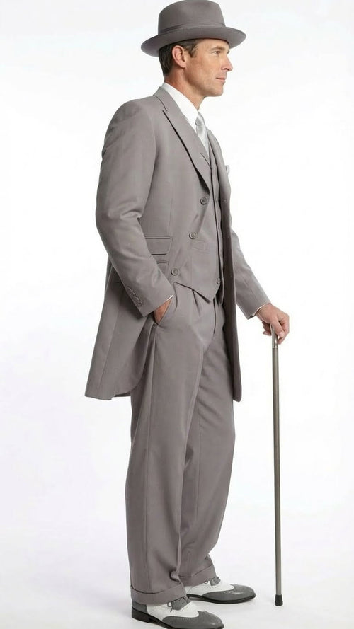 Mens Gray Zoot Suit with Matching Hat and 1920s Shoes | Grey Vintage Wedding and Party Three Piece Suit