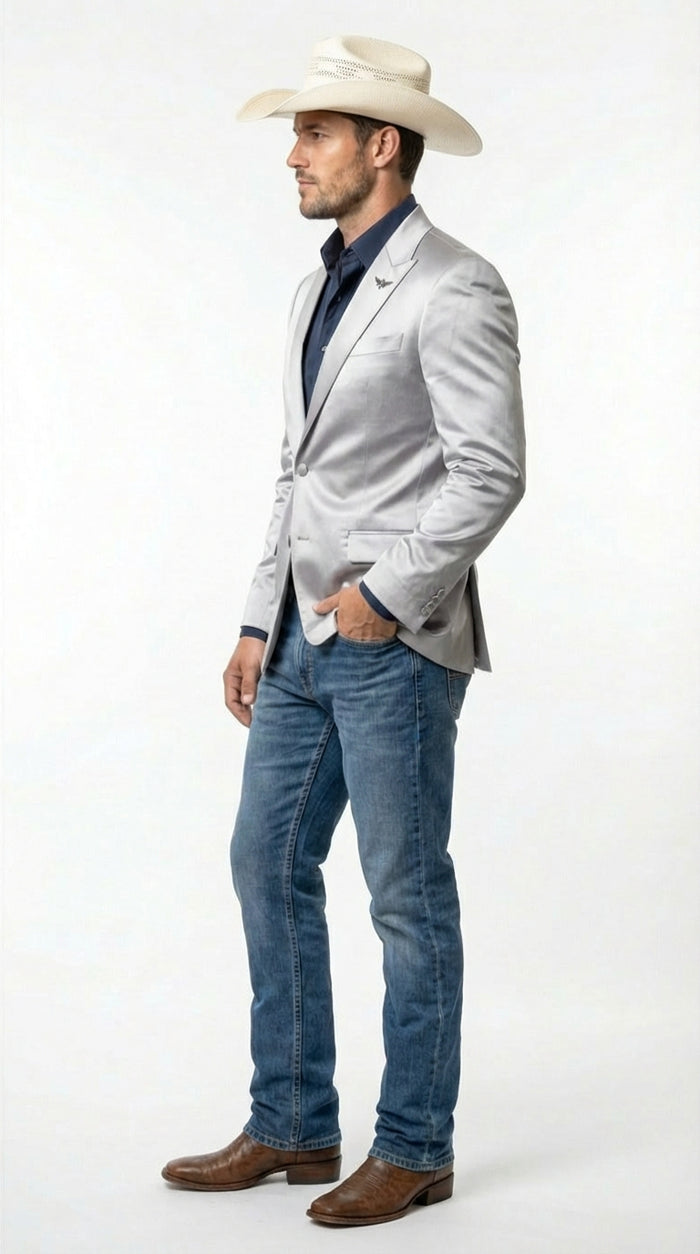Mens Shiny Silver Cowboy Blazer Western Style Satin Finish Blazer for Party, Country Events and Evening Wear