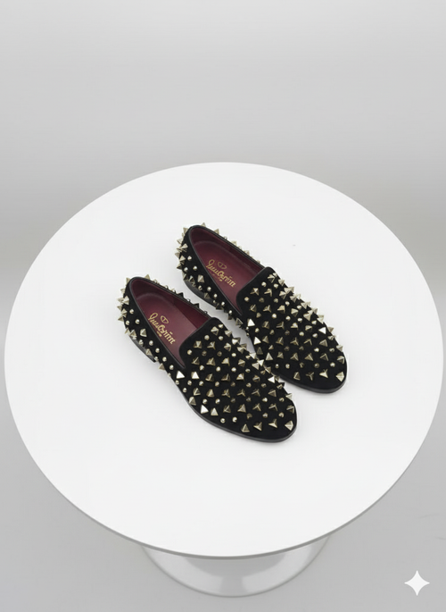 Mens Studded Velvet Loafers Designer Party and Prom Dress Shoes with Gold and Silver Spikes