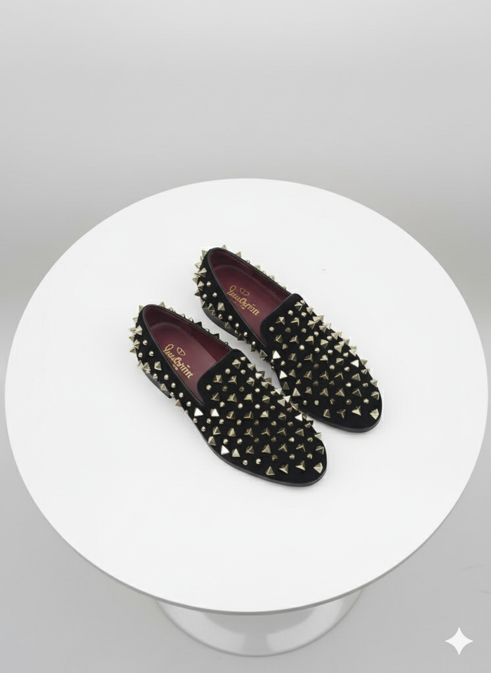 Mens Studded Velvet Loafers Designer Party and Prom Dress Shoes with Gold and Silver Spikes