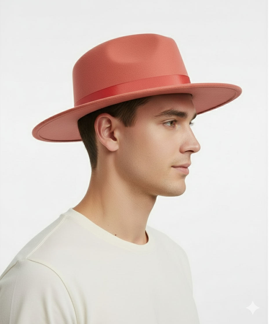 Men’s Coral Pink Wide Brim Fedora Hat – Wool Felt Dress Hat with Red Ribbon Band - One size