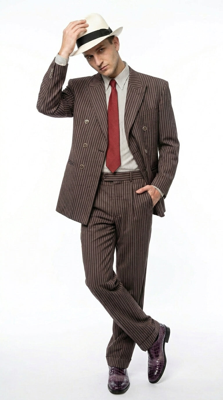 Men’s Brown Pinstripe Bonnie and Clyde Costume Suit – Vintage Gangster 1920s Outfit for Party, Halloween and Themed Events - 34 Short or Extra Small