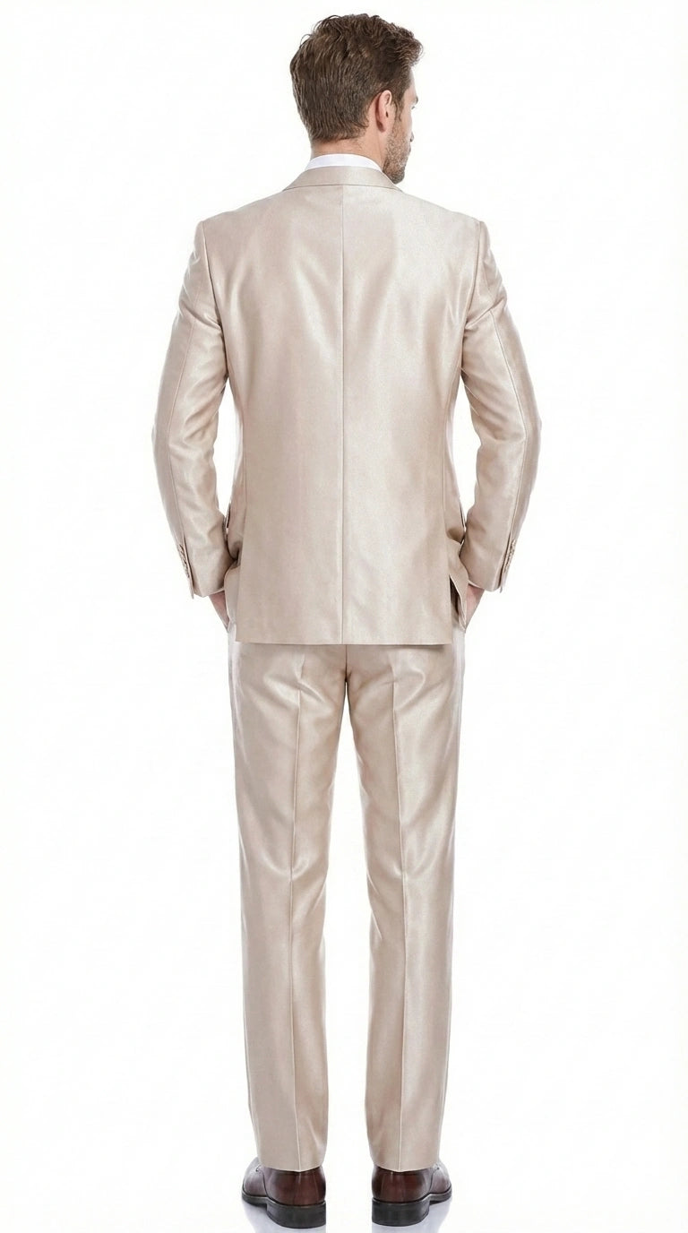 Men’s Champagne Tan Sharkskin 2 Button Suit – Shiny Formal Suit with Optional Vest for Wedding, Prom, Business Beige Color - 34 Short or Extra Small