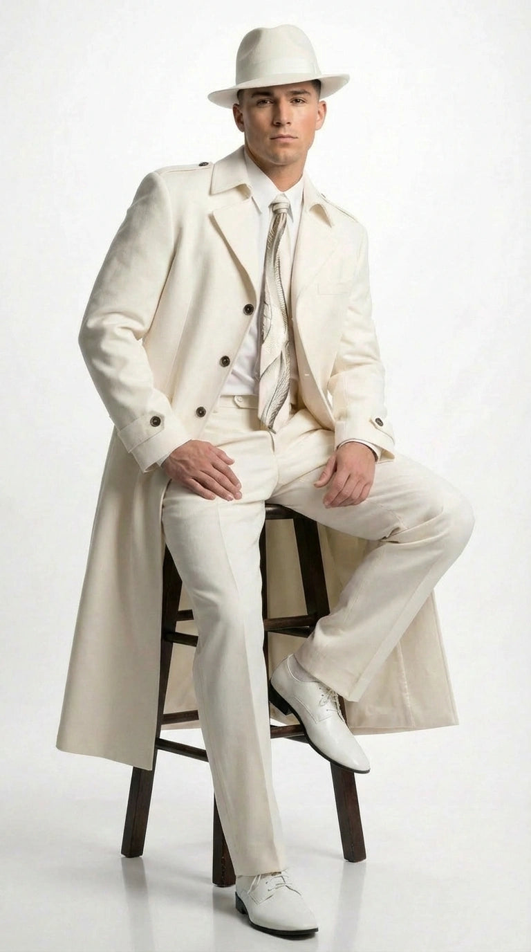 Men’s Ivory Cream Off White  Full Length Zoot Suit – Vintage Gangster Style Long Coat Formal Suit - Coat Size 38