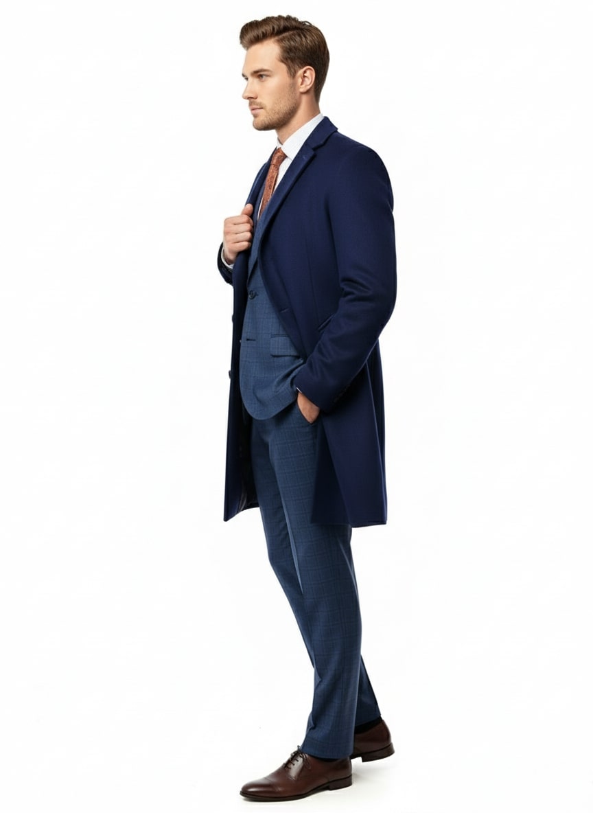 Mens Cobalt Blue Wool and Cashmere Car Coat Overcoat – Classic Winter Topcoat for Indigo Sapphire Color (light Navy Dark Royal) - Coat Size 38