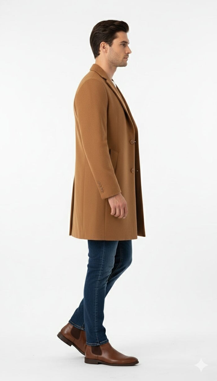 Mens Camel Brown Wool Top Coat Classic Long Overcoat for Formal and Casual Wear in rust copper