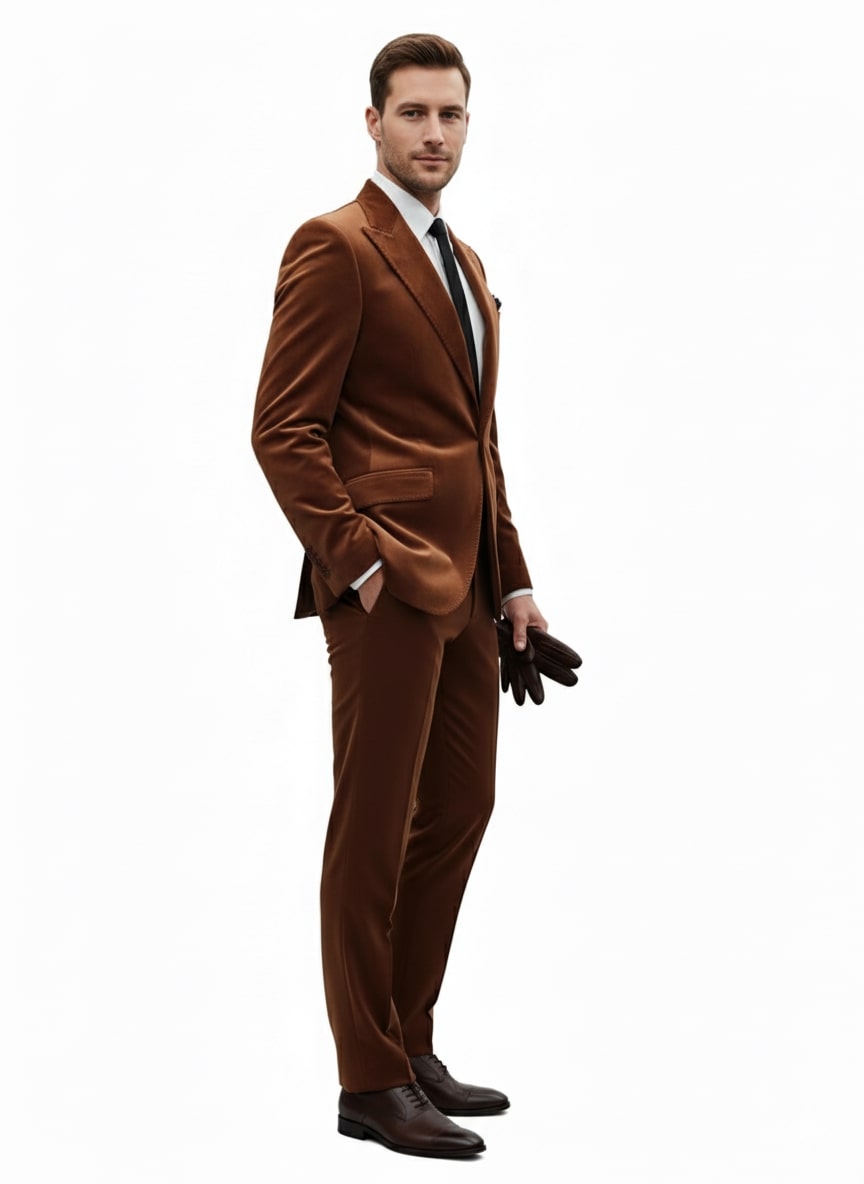 Mens Brown Velvet 2-Piece Suit – Luxury Slim Fit Formal Blazer and Pants Set in Rust Copper Color - 36R