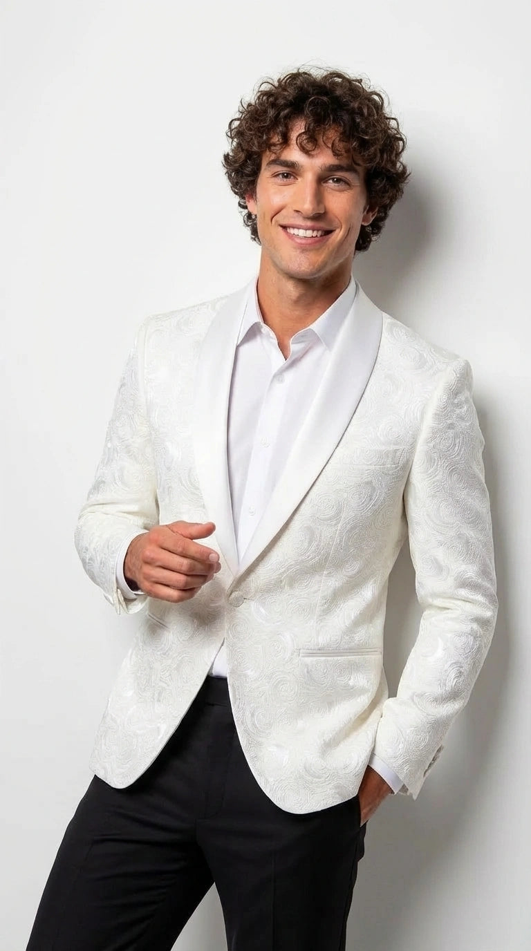 Men’s White Paisley Disco Blazer 1980s Style Jacket – Shawl Lapel Formal Party Blazer, Elegant Masquerade Club Wear, Stylish Evening Outfit - 36 Short