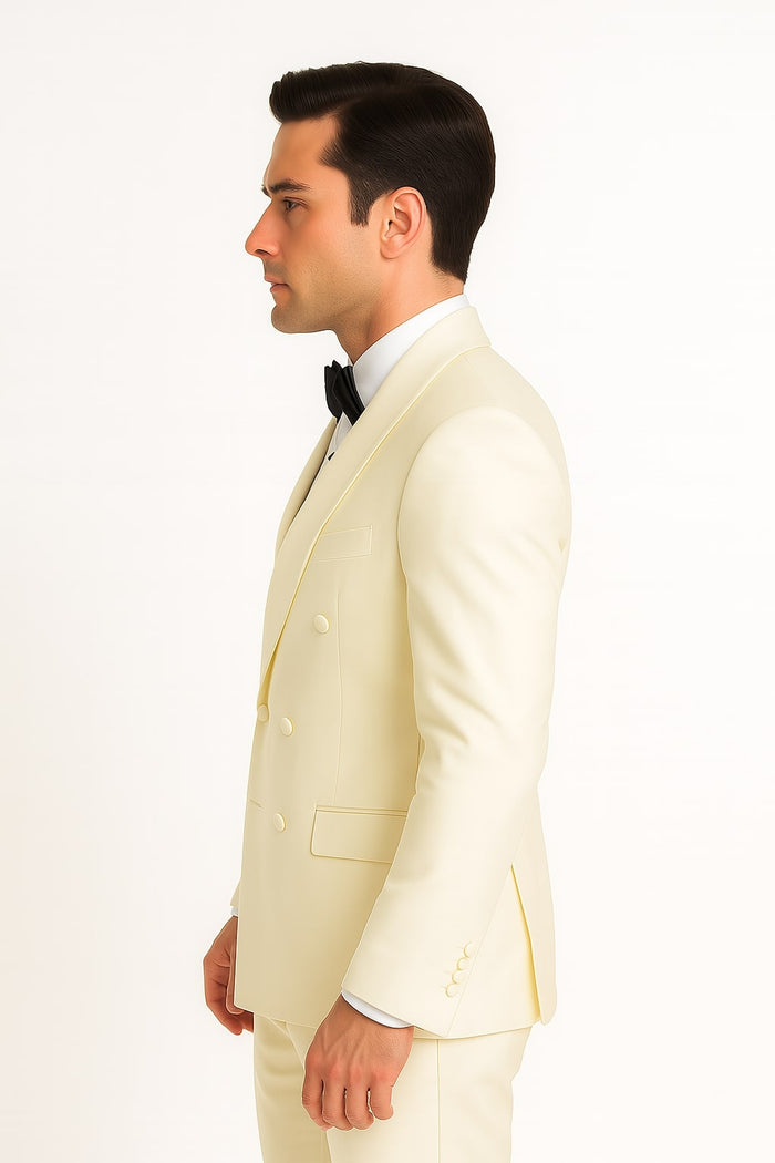 Mens Off-White Double Breasted Tuxedo Jacket with Shawl Lapel | Formal Wedding Suit in Ivory Cream Color