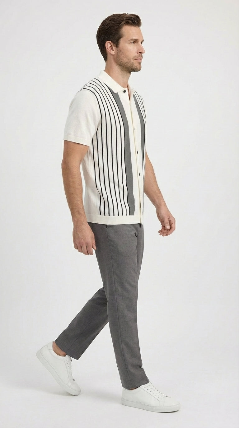 Mens White and Charcoal Gray Stripe Walking Suit Set – Short Sleeve Button Shirt and Pants Casual Summer Outfit for Travel, Vacation and Everyday Wear - S