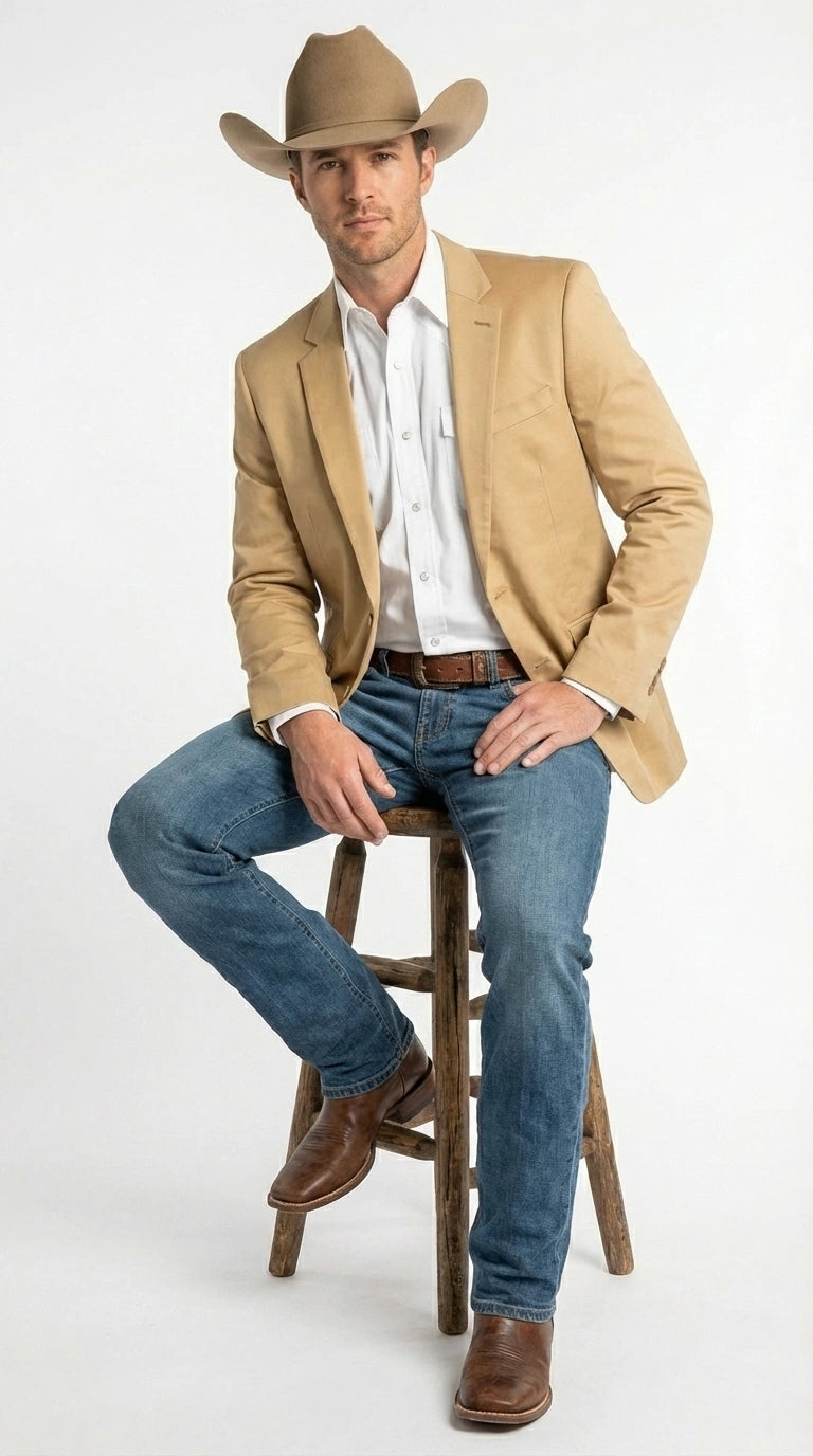Men’s Tan Camel British khaki Western Blazer – Two Button Classic Casual Sport Coat - Cowboy Country Coat - 36 Short