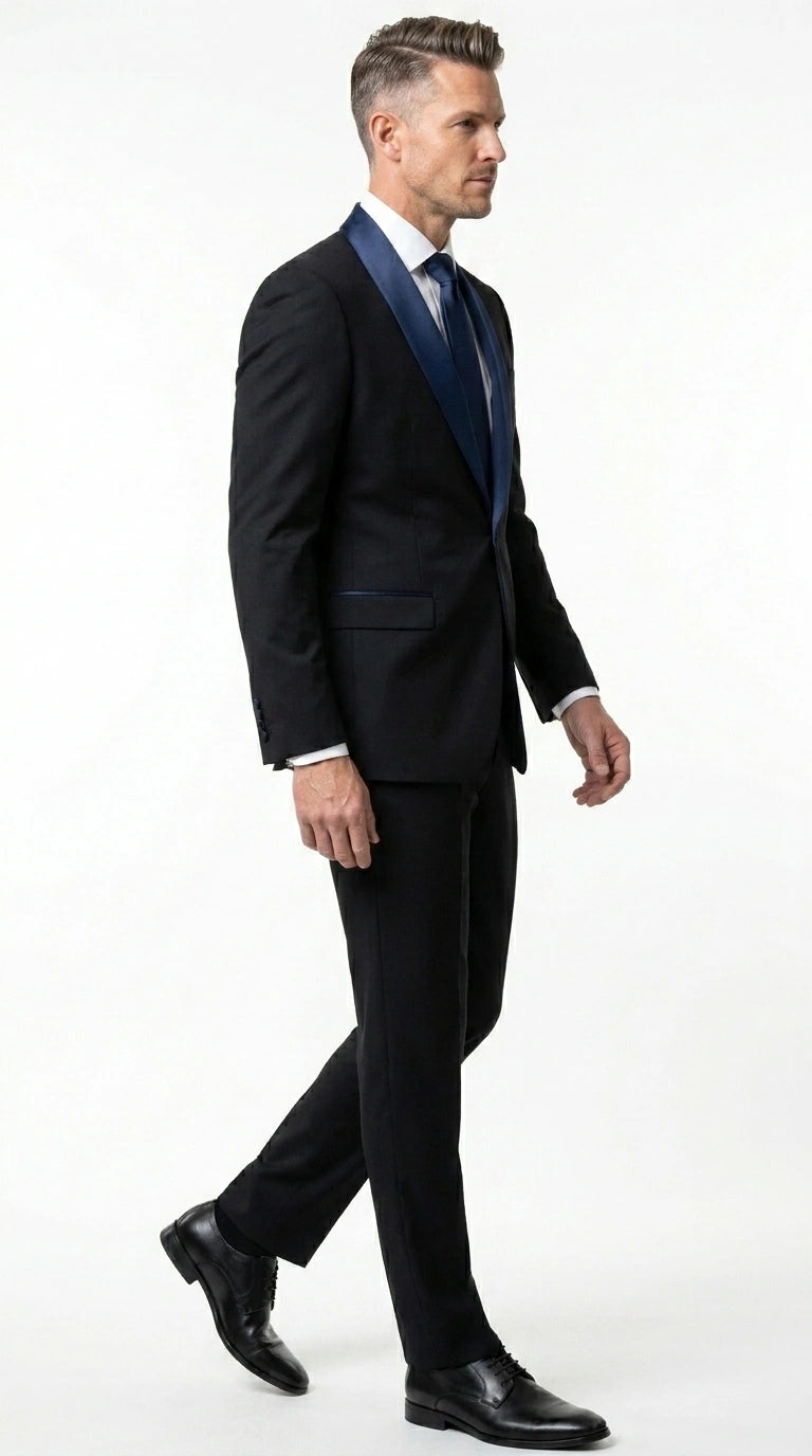 Men’s Black Suit with Navy Blue Lapel – Elegant Formal Tuxedo Style Suit for Wedding, Prom, Party and Evening Wear - 34 Short or Extra Small