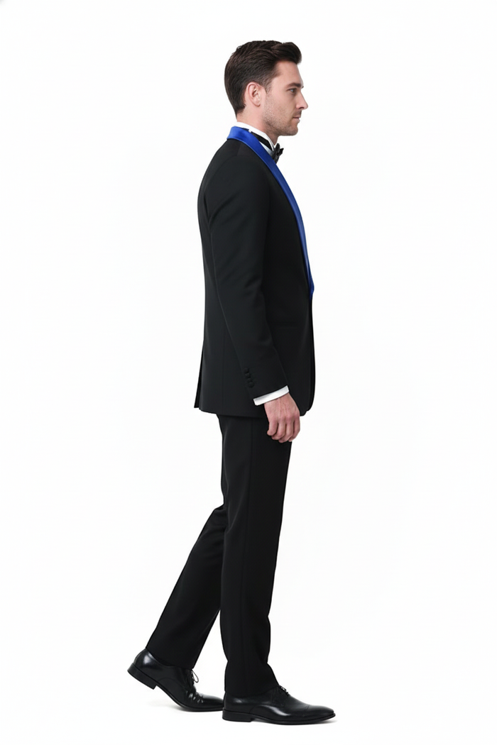Mens Black Tuxedo with Royal Blue Shawl Lapel | Modern Formal Dinner Jacket Suit + Pants for Weddings, Proms